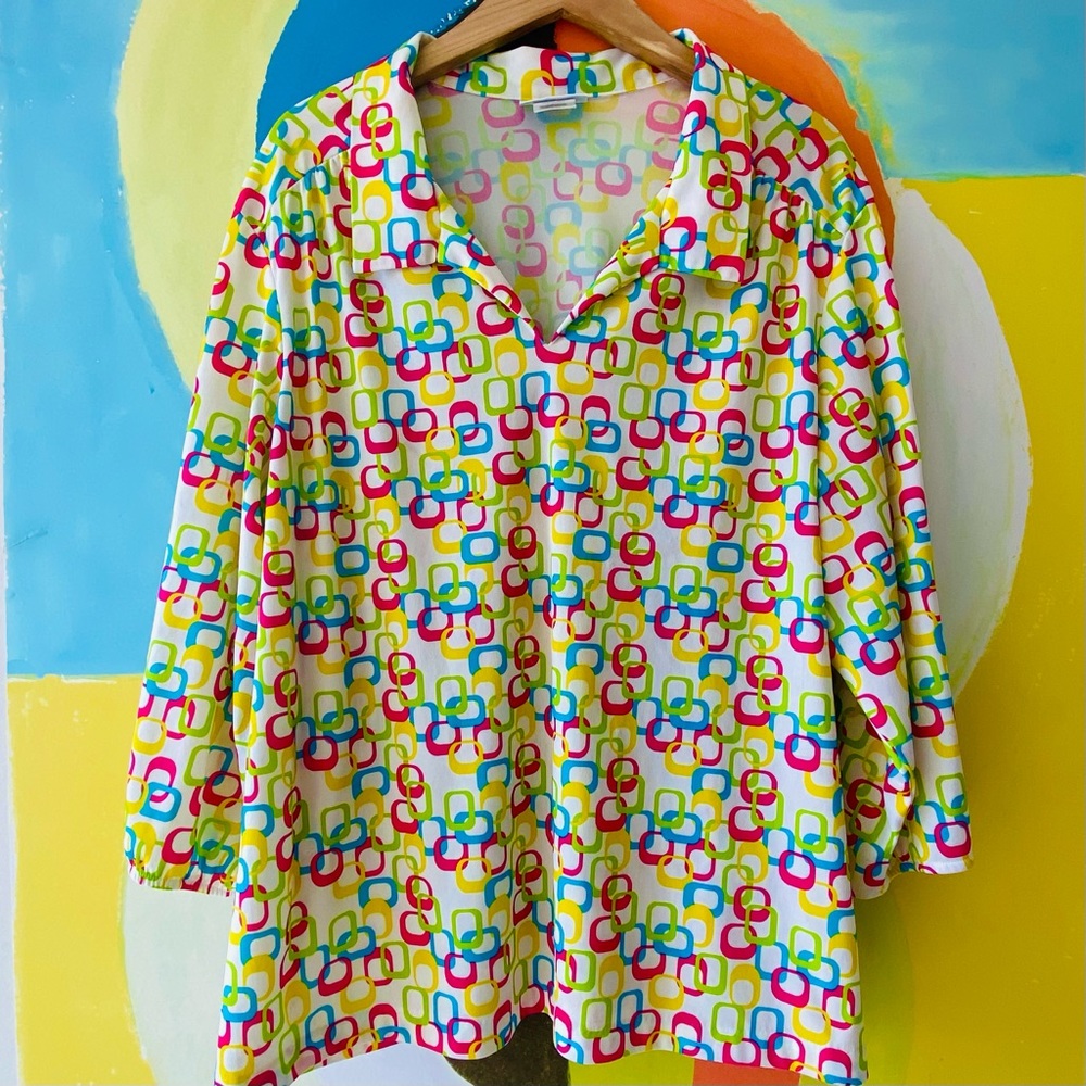 VINTAGE Blair Colorful Rainbow 60s Mod Print Collar Blouse (size 3XL)